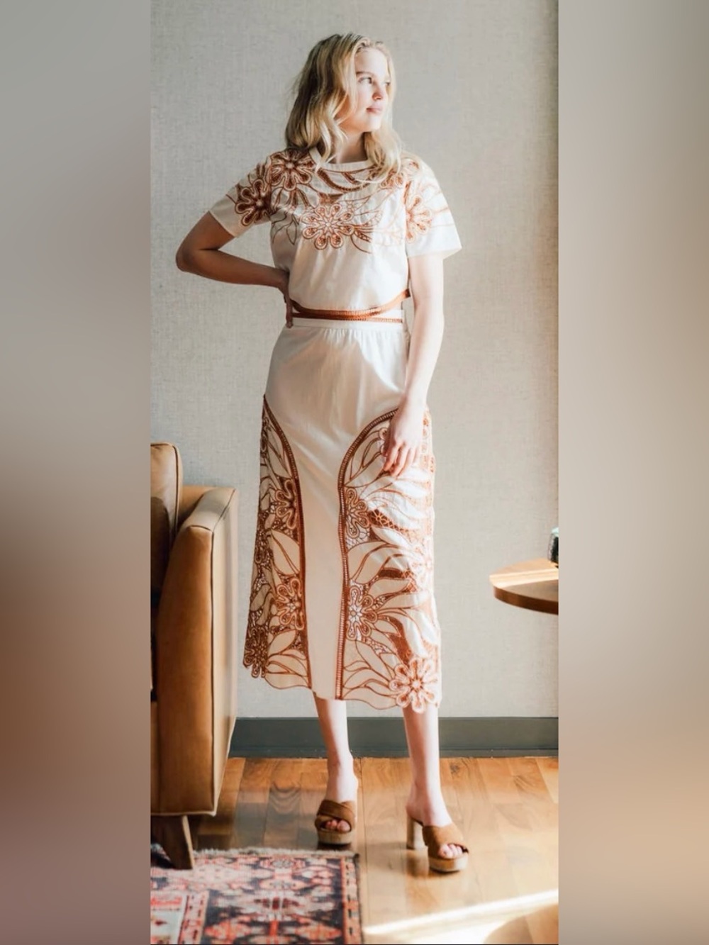 Wallflower White crop top with Copper Floral Embroidery